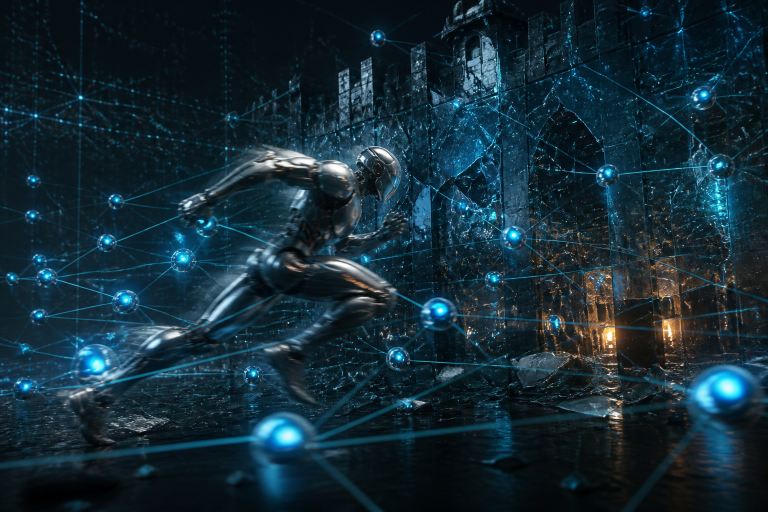 Editorial illustration: a swarm of luminous AI agents around a glass fortress, a humanoid robot mid-sprint