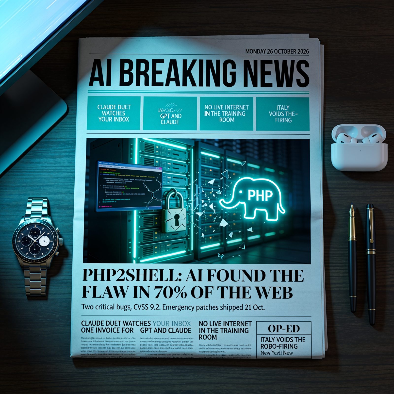 AI Breaking News newspaper flat-lay: PHP2Shell lead story, 26 October 2026